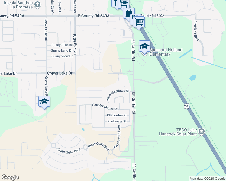 map of restaurants, bars, coffee shops, grocery stores, and more near 1918 Wind Meadows Drive in Bartow
