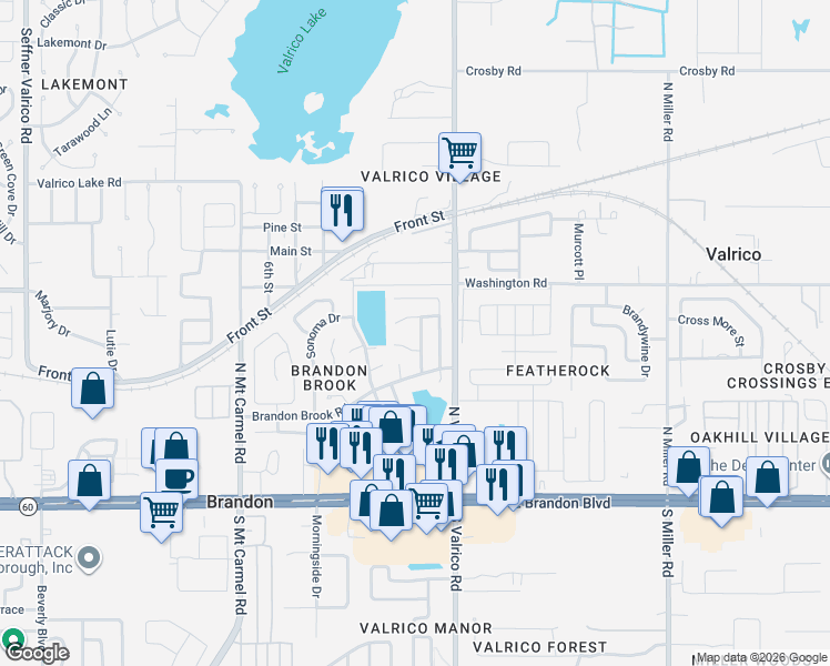map of restaurants, bars, coffee shops, grocery stores, and more near 315 Crayford Place in Valrico