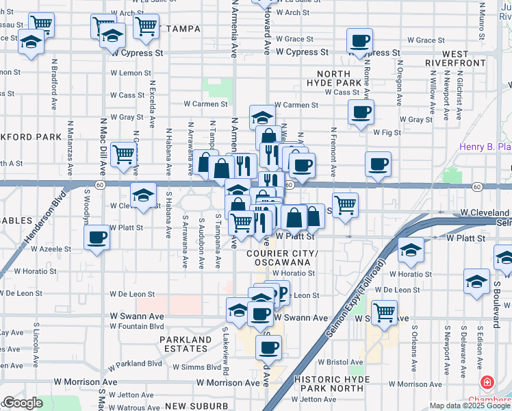 map of restaurants, bars, coffee shops, grocery stores, and more near 2307 West Cleveland Street in Tampa