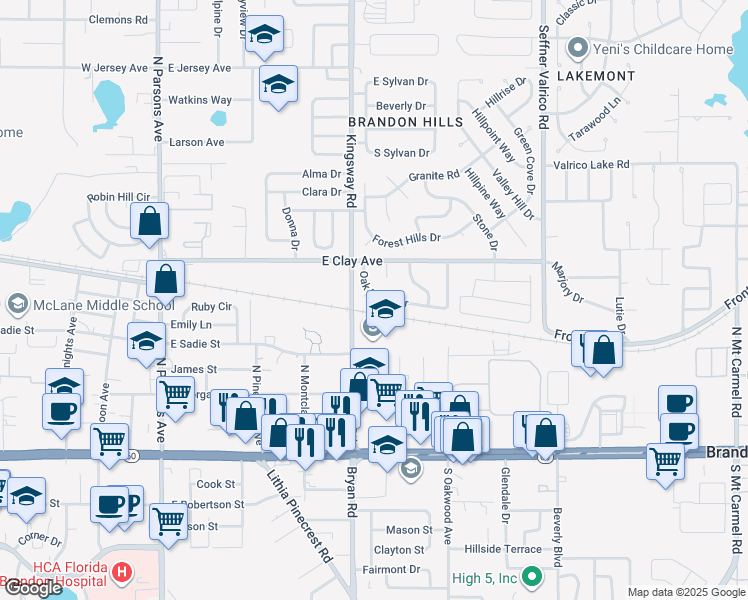 map of restaurants, bars, coffee shops, grocery stores, and more near 612 Oak Ridge Dr in Brandon