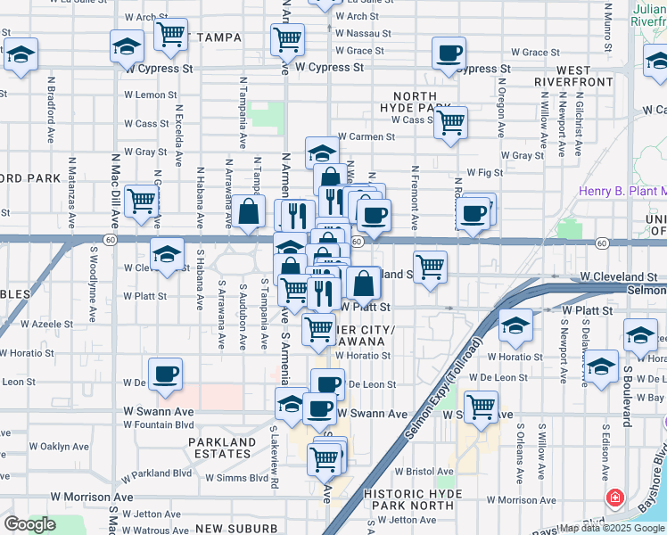 map of restaurants, bars, coffee shops, grocery stores, and more near 2307 West Cleveland Street in Tampa