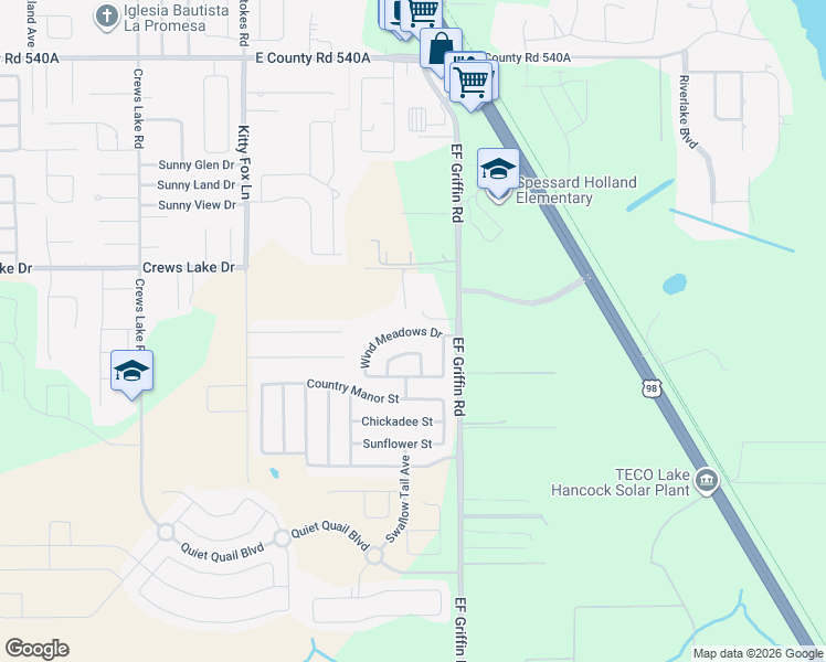 map of restaurants, bars, coffee shops, grocery stores, and more near 1907 Wind Meadows Drive in Bartow