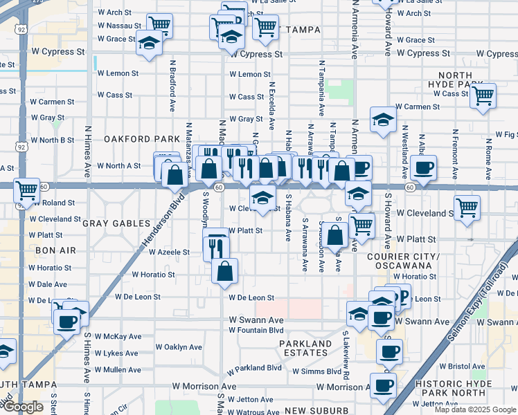 map of restaurants, bars, coffee shops, grocery stores, and more near 2907b West Cleveland Street in Tampa