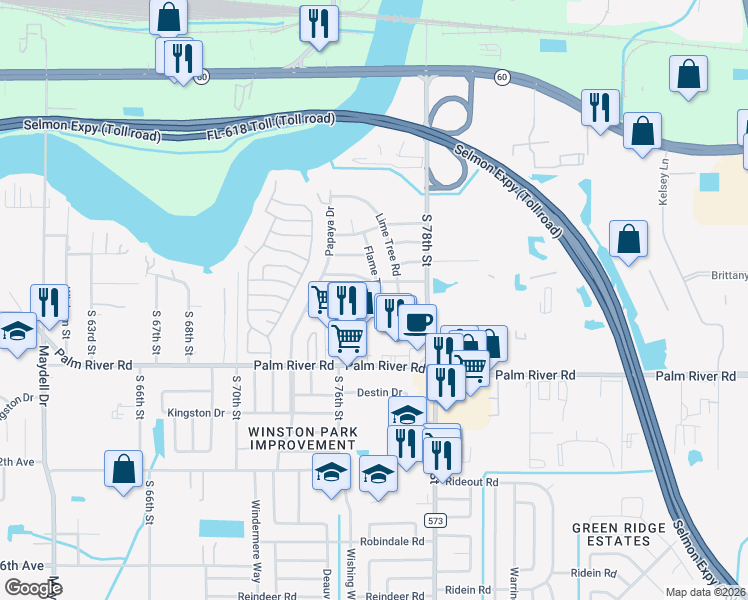 map of restaurants, bars, coffee shops, grocery stores, and more near 708 Flame Tree Road in Tampa
