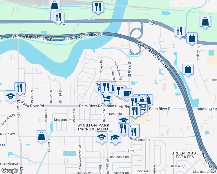 map of restaurants, bars, coffee shops, grocery stores, and more near 7414 Manchester Lane in Tampa