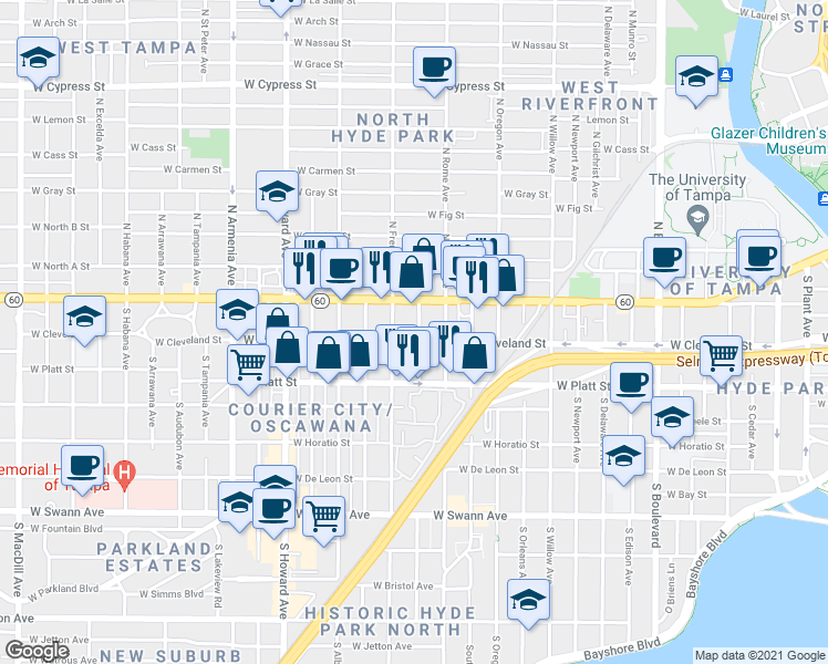 map of restaurants, bars, coffee shops, grocery stores, and more near 1715 West Cleveland Street in Tampa