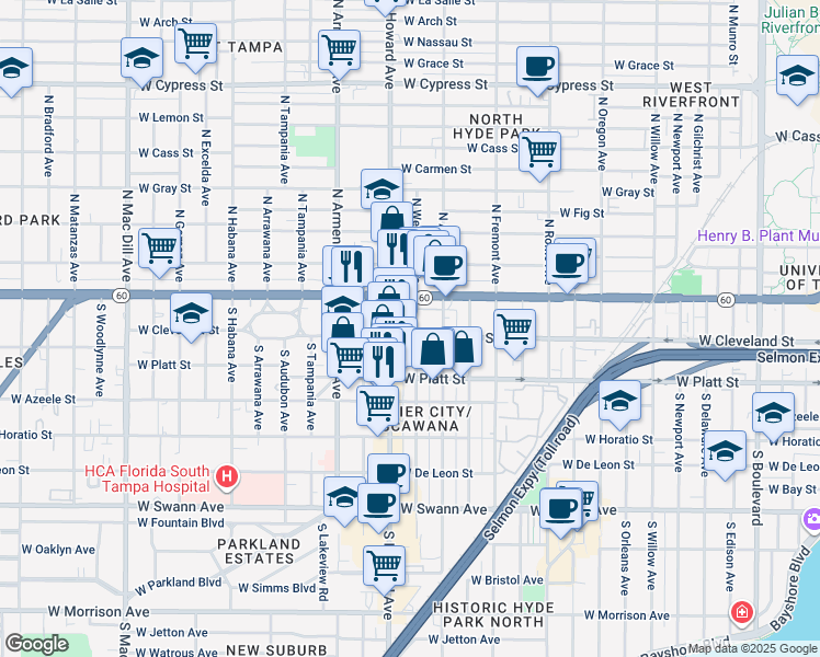 map of restaurants, bars, coffee shops, grocery stores, and more near 119 South Westland Avenue in Tampa