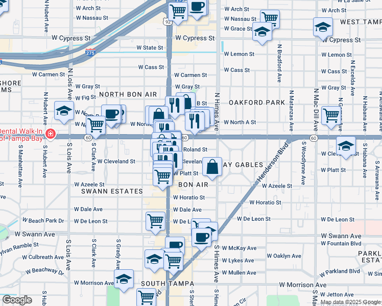 map of restaurants, bars, coffee shops, grocery stores, and more near 3710 West Roland Street in Tampa