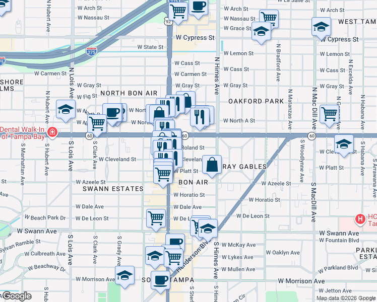 map of restaurants, bars, coffee shops, grocery stores, and more near 3710 West Roland Street in Tampa