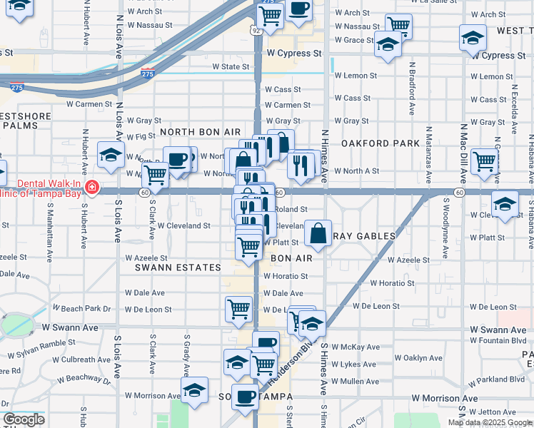 map of restaurants, bars, coffee shops, grocery stores, and more near 3710 West Roland Street in Tampa