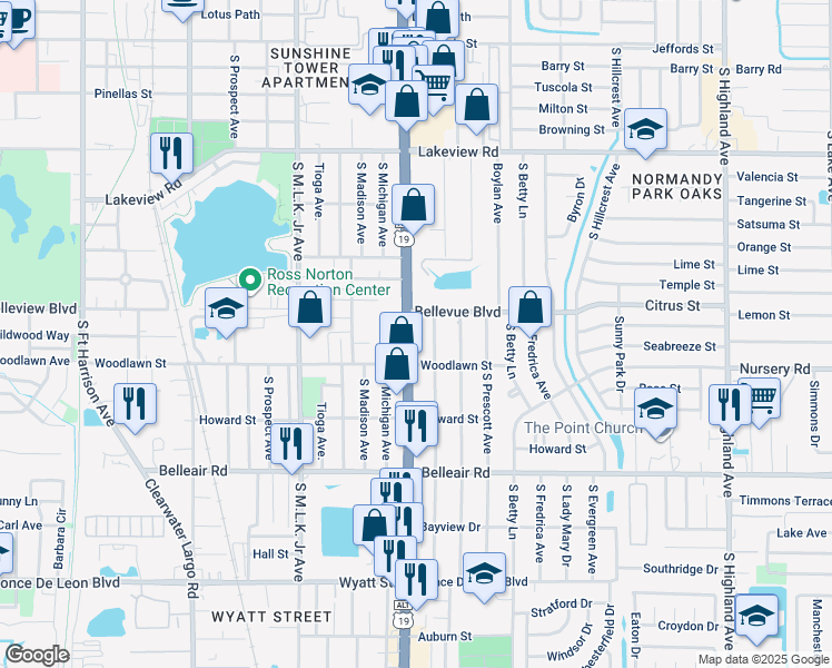 map of restaurants, bars, coffee shops, grocery stores, and more near 1470 South Jefferson Avenue in Clearwater