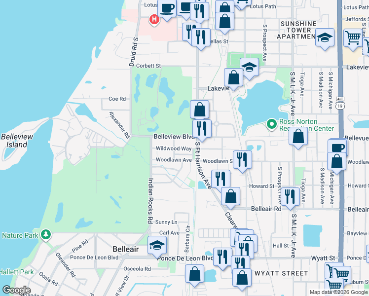 map of restaurants, bars, coffee shops, grocery stores, and more near 415 Wildwood Way in Belleair