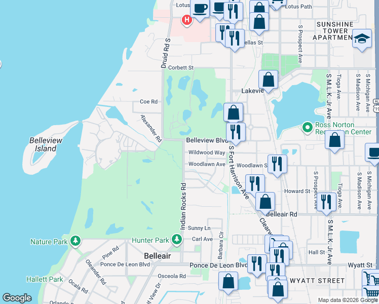 map of restaurants, bars, coffee shops, grocery stores, and more near 317 Wildwood Way in Belleair