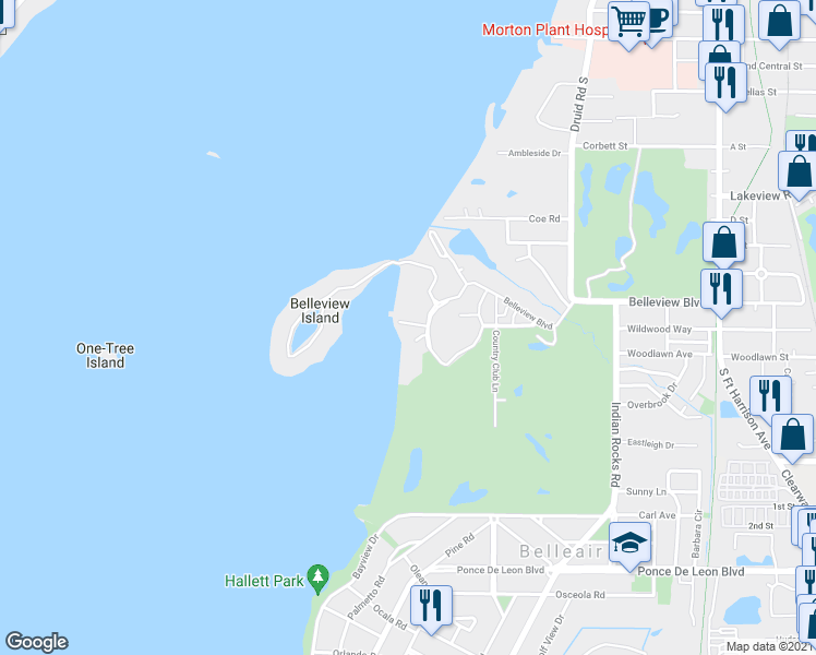 map of restaurants, bars, coffee shops, grocery stores, and more near 8 Belleview Boulevard in Belleair