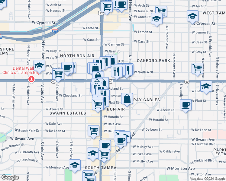 map of restaurants, bars, coffee shops, grocery stores, and more near 3710 West Roland Street in Tampa