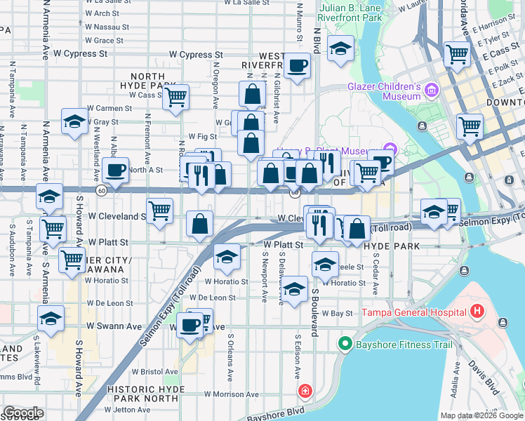 map of restaurants, bars, coffee shops, grocery stores, and more near 121 South Newport Avenue in Tampa