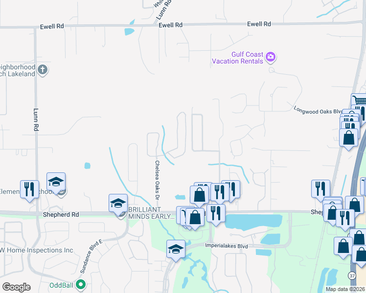 map of restaurants, bars, coffee shops, grocery stores, and more near 6637 Shepherd Oaks Street in Lakeland