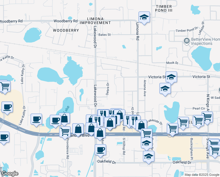 map of restaurants, bars, coffee shops, grocery stores, and more near 401 Debra Drive in Brandon