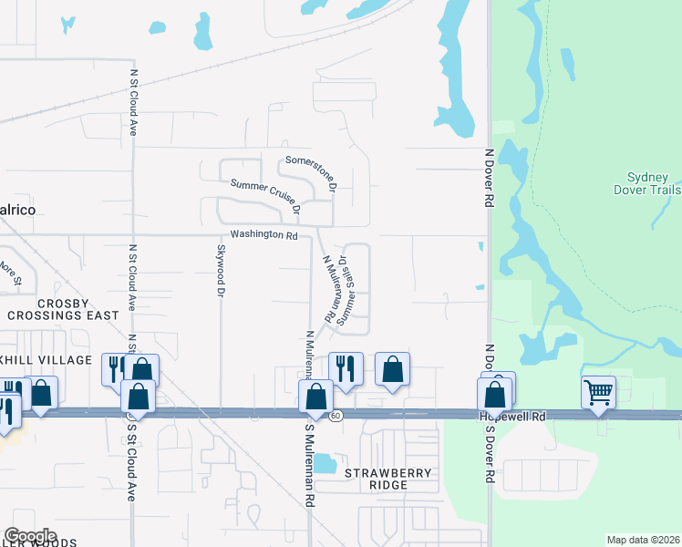 map of restaurants, bars, coffee shops, grocery stores, and more near 344 Summer Sails Drive in Valrico
