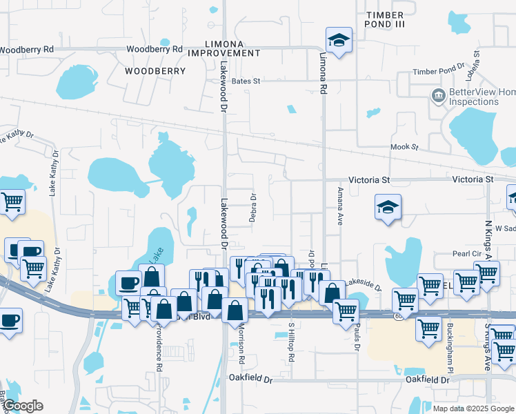 map of restaurants, bars, coffee shops, grocery stores, and more near 401 Debra Drive in Brandon