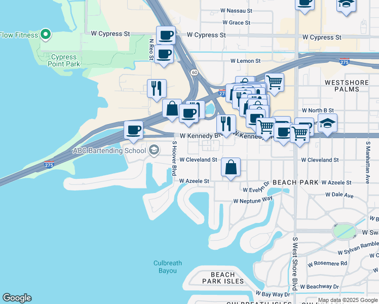 map of restaurants, bars, coffee shops, grocery stores, and more near 5304 West Kennedy Boulevard in Tampa