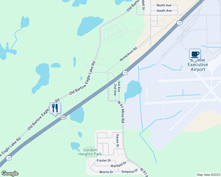 map of restaurants, bars, coffee shops, grocery stores, and more near 3486 North 91 Mine Road in Bartow