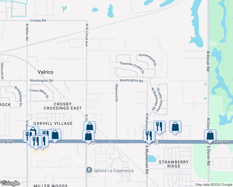map of restaurants, bars, coffee shops, grocery stores, and more near 408 Skywood Drive in Valrico