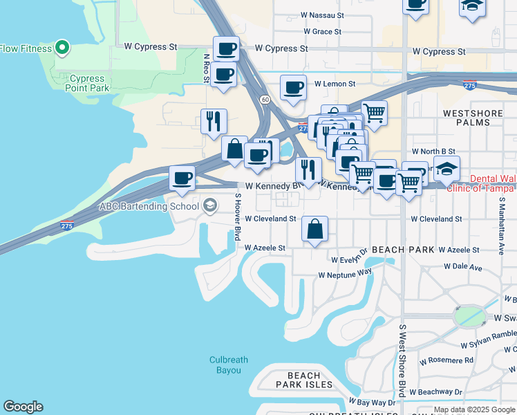 map of restaurants, bars, coffee shops, grocery stores, and more near 5306 West Kennedy Boulevard in Tampa