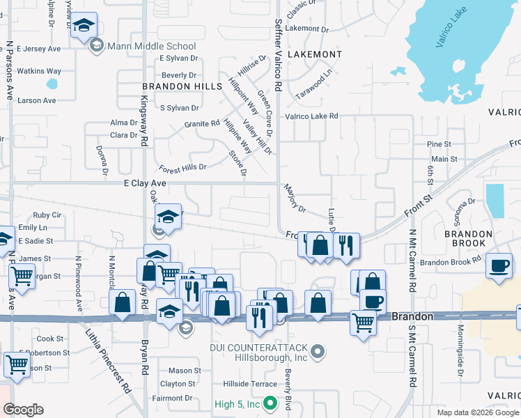 map of restaurants, bars, coffee shops, grocery stores, and more near 803 Benninger Drive in Brandon