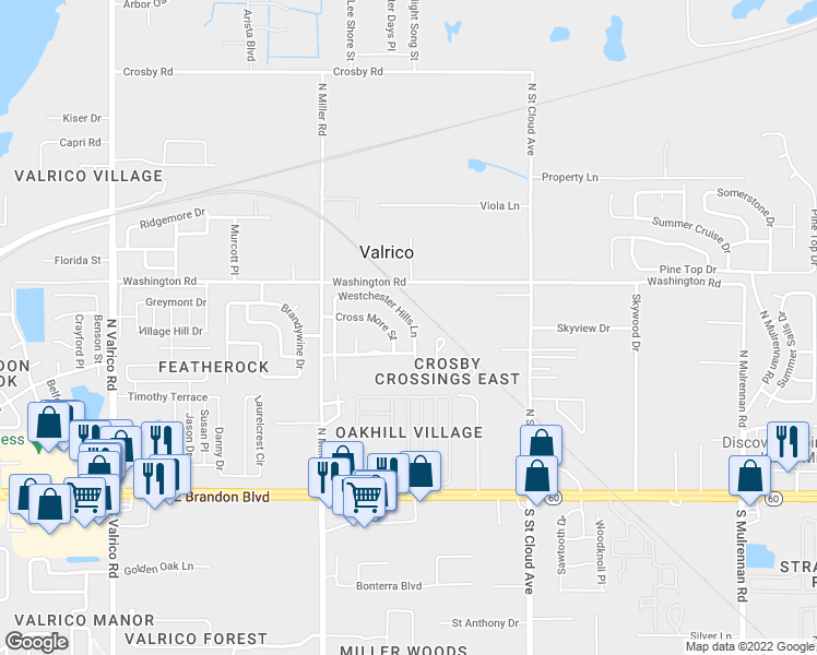 map of restaurants, bars, coffee shops, grocery stores, and more near 459 Westchester Hills Lane in Valrico