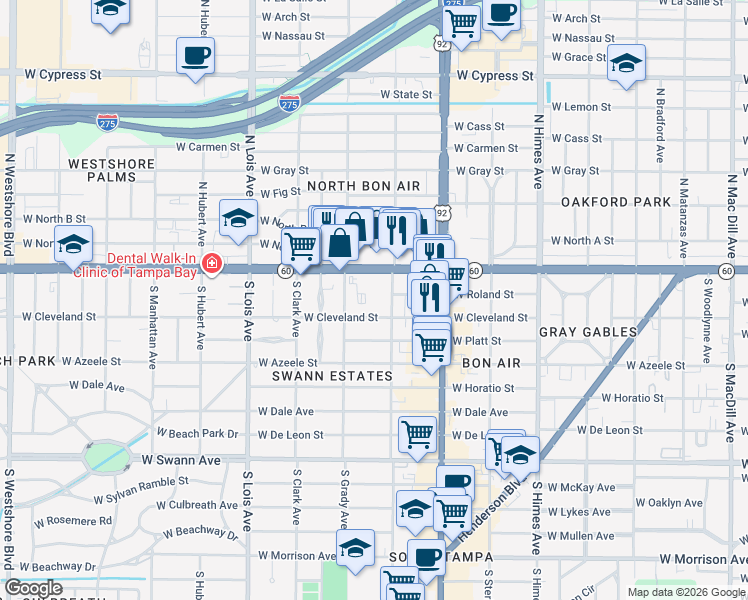 map of restaurants, bars, coffee shops, grocery stores, and more near 3909 West Cleveland Street in Tampa