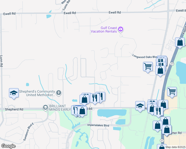 map of restaurants, bars, coffee shops, grocery stores, and more near 6745 Shepherd Oaks Road in Lakeland