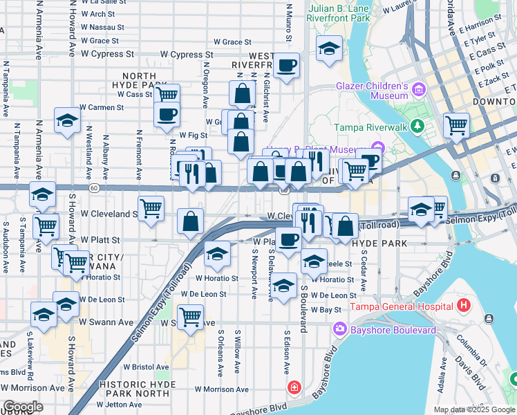 map of restaurants, bars, coffee shops, grocery stores, and more near 121 South Newport Avenue in Tampa