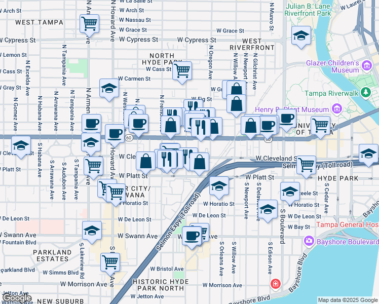 map of restaurants, bars, coffee shops, grocery stores, and more near 119 South Dakota Avenue in Tampa