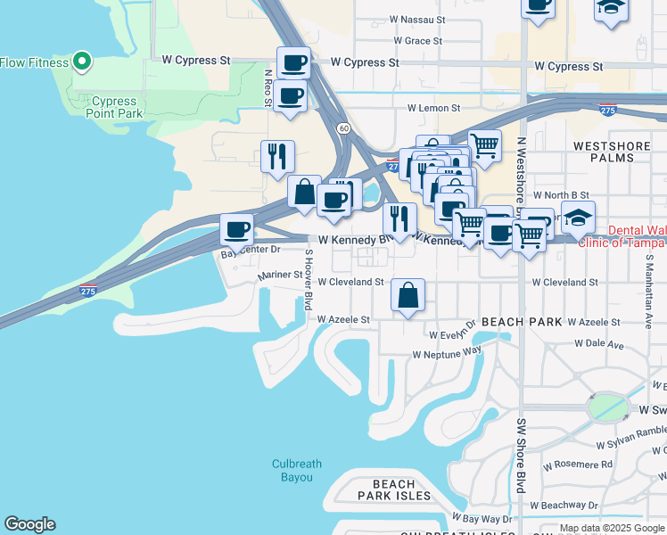 map of restaurants, bars, coffee shops, grocery stores, and more near 5306 West Kennedy Boulevard in Tampa