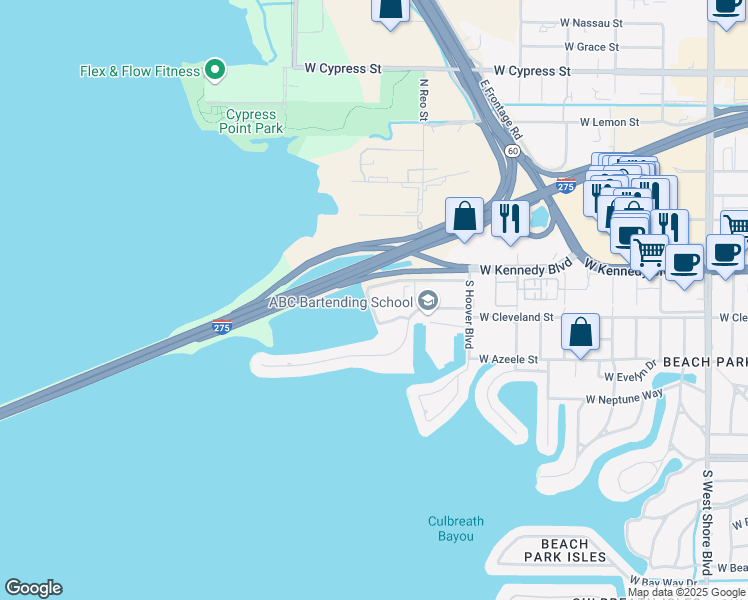 map of restaurants, bars, coffee shops, grocery stores, and more near 5426 Bay Center Drive in Tampa