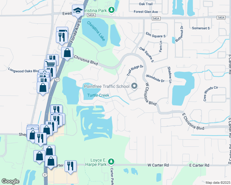map of restaurants, bars, coffee shops, grocery stores, and more near 6653 Hunterfield Road in Lakeland