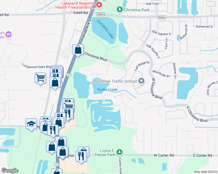 map of restaurants, bars, coffee shops, grocery stores, and more near 512 Century Oak Court in Lakeland