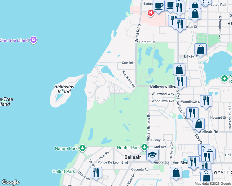 map of restaurants, bars, coffee shops, grocery stores, and more near 21 Country Club Lane in Belleair
