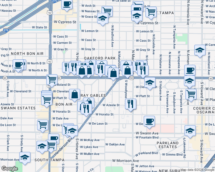 map of restaurants, bars, coffee shops, grocery stores, and more near 112 South Lincoln Avenue in Tampa