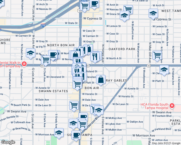 map of restaurants, bars, coffee shops, grocery stores, and more near 3710 West Roland Street in Tampa
