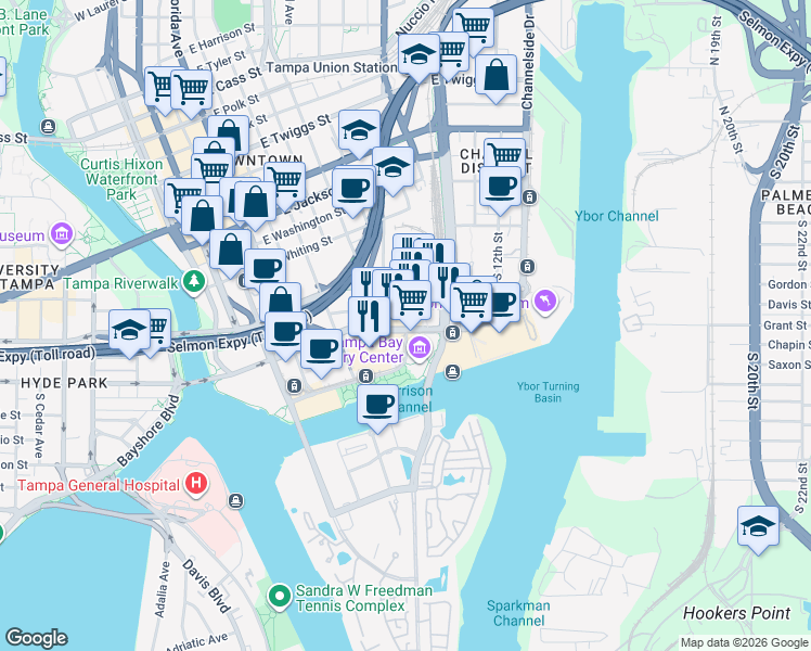 map of restaurants, bars, coffee shops, grocery stores, and more near 890 Water Street in Tampa