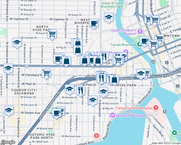 map of restaurants, bars, coffee shops, grocery stores, and more near 1005 West Cleveland Street in Tampa