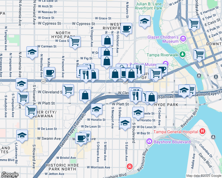 map of restaurants, bars, coffee shops, grocery stores, and more near 121 South Newport Avenue in Tampa