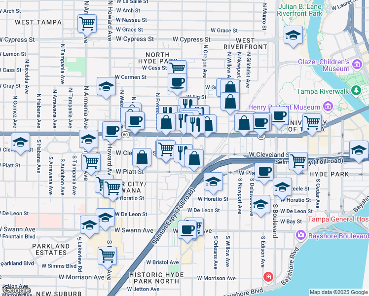 map of restaurants, bars, coffee shops, grocery stores, and more near 119 South Dakota Avenue in Tampa