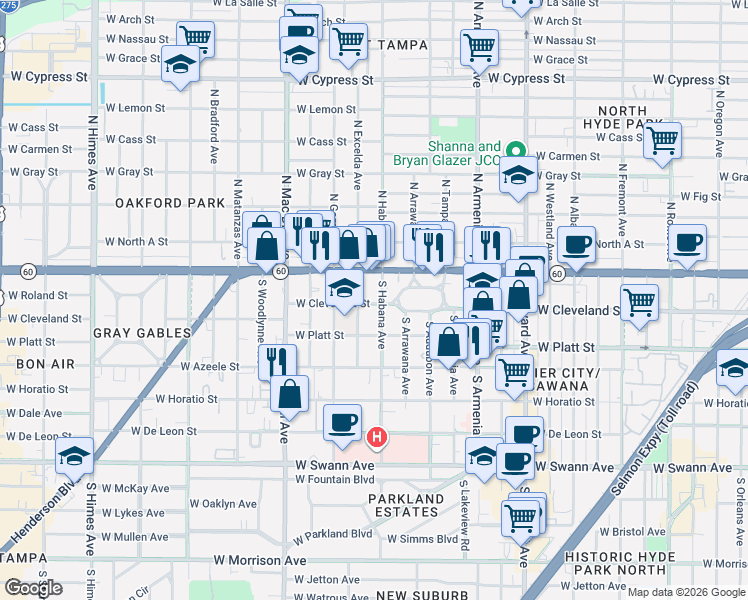map of restaurants, bars, coffee shops, grocery stores, and more near 2802 West Cleveland Street in Tampa