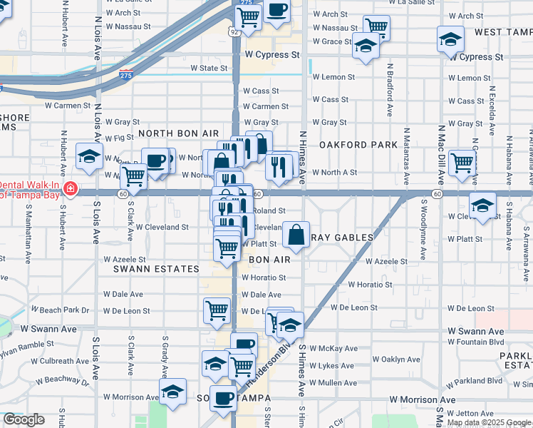 map of restaurants, bars, coffee shops, grocery stores, and more near 3710 West Roland Street in Tampa