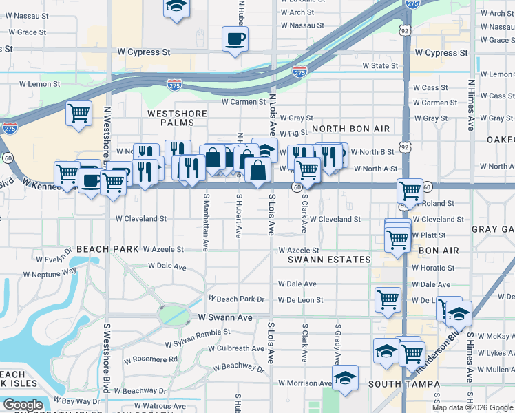 map of restaurants, bars, coffee shops, grocery stores, and more near 4211 West Cleveland Street in Tampa