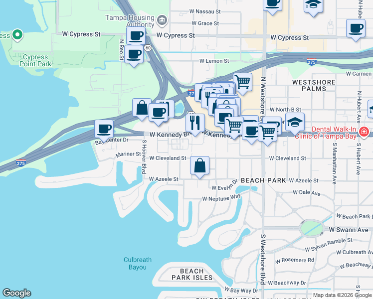map of restaurants, bars, coffee shops, grocery stores, and more near 5211 West Cleveland Street in Tampa