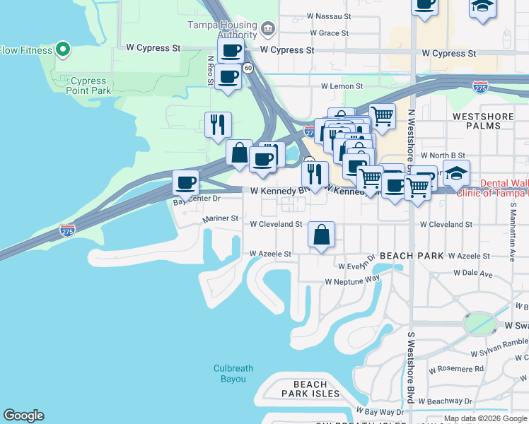 map of restaurants, bars, coffee shops, grocery stores, and more near 5306 West Kennedy Boulevard in Tampa